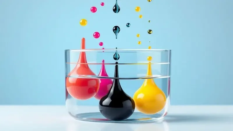 Ilustração 3D conceitual de gotas de tinta coloridas entrando em um reservatório transparente, simbolizando economia e recarga.