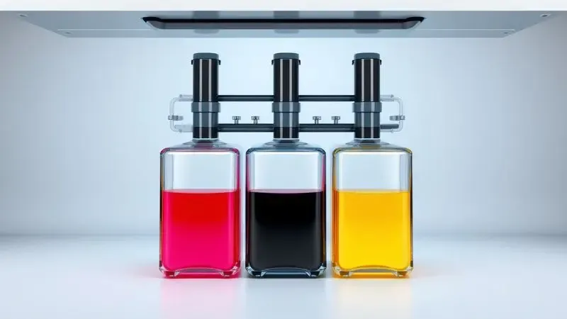 Ilustração 3D conceitual de um sistema de tanques de tinta colorida com líquidos vibrantes em uma impressora moderna.