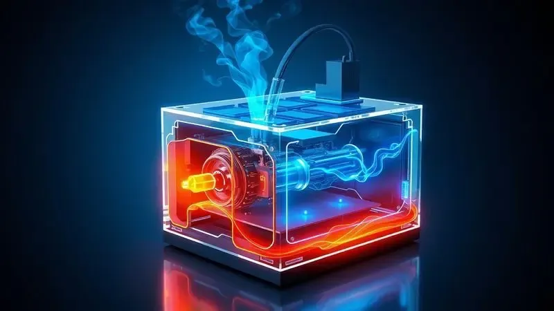 Ilustração digital conceitual representando fluxos de energia térmica e jatos de tinta em um mecanismo de impressão.