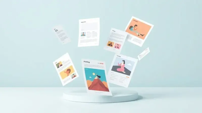 Ilustração 3D mostrando diferentes tipos de impressões como fotos e documentos técnicos de forma artística.