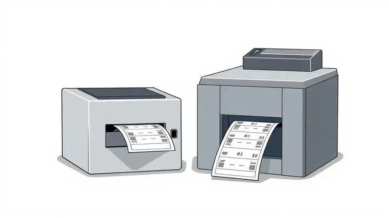 Representação artística de diferentes modelos de impressoras de etiquetas sem marca para uso doméstico e profissional.